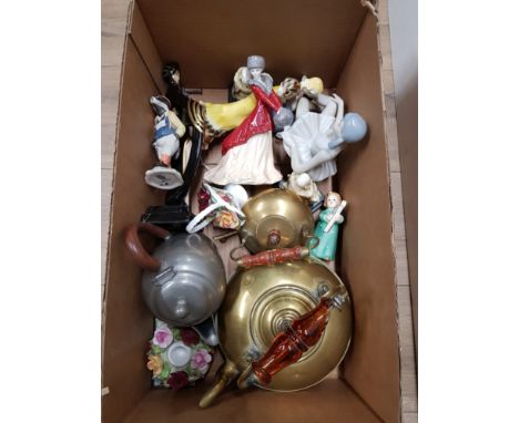 MISCELLANEOUS LOT OF BRASS KETTLES AND ROYAL WORCESTER LADY FIGURE ETC