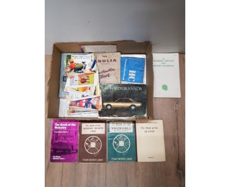 BOX OF DRIVERS HANDBOOKS AND VINTAGE POSTCARDS