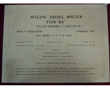 Aveling Diesel Roller Type 'DY' Aveling ~ Barford Ltd, Grantham, Vintage description plaque