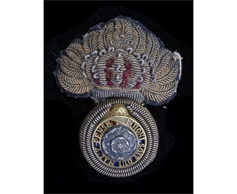 Victorian Royal Fusiliers Officers forage cap badge in bullion, gold wire embroidered flaming grenade with gold and red embro