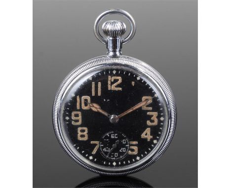 Military pocket watch, black enamel dial with large Arabic hour markers and subsidiary second dial, stamped on the back 2866 