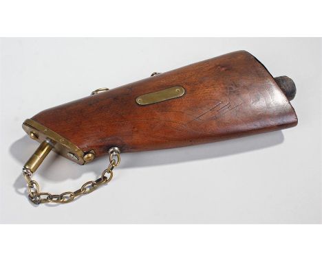 Mahogany powder flask shaped as a rifle butt with brass mount and fittings and wooden bung. length 30cm