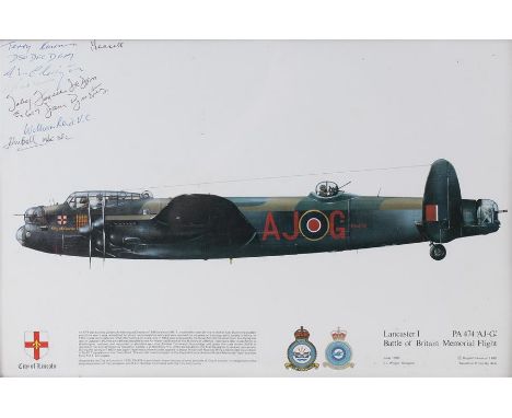Print of a Lancaster 1, Battle of Britain Memorial Flight 1980 bearing eight signatures in top left being recipients of VC DF