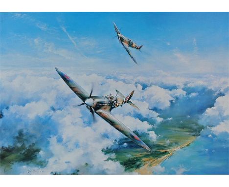 Robert Taylor print entitled Spitfire depicting two spitfires in flight, bearing the signatures on the left Douglas Bader and