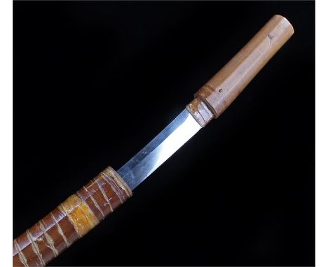 Japanese wakizashi sword, the blade with light hamon, signed tang with pierced hole, Shirasaya case, the blade 46cm long excl