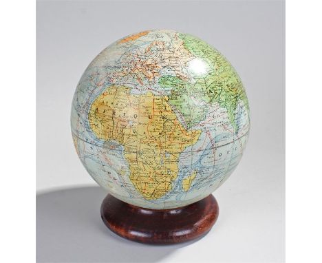 Early 20th century French globe desk lamp, by Girard, Barrere Et Thomas, the glass globe with printed design above a lamp ape