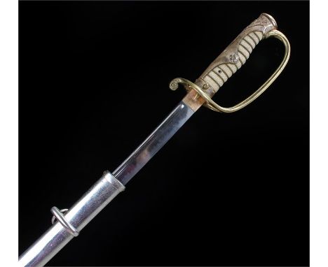 Japanese Police Dress Sword, the shagreen grip with brass gilt hilt decorated with flowers, with a press button release above