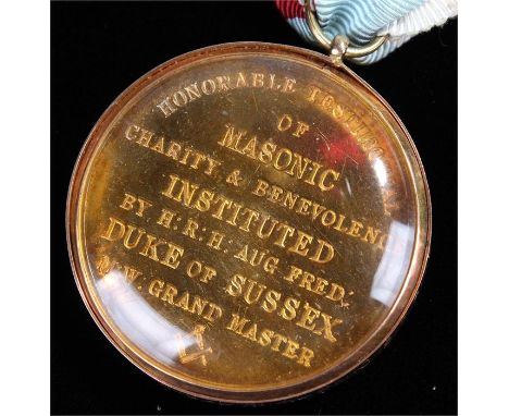 Masonic gilt medal in 15 carat gold mount; Honorable Testimonial of Masonic Charity & Benevolence instituted by H. R. H. Aug: