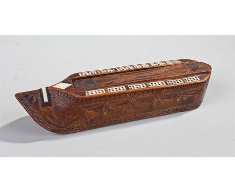 Fine Napoleonic period prisoner of war games shoe, the inlaid and carved sliding lid containing bone dominoes, the body of th