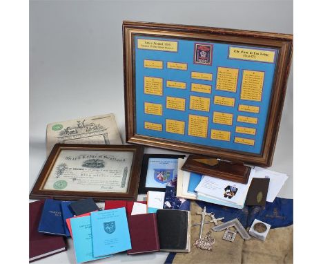Masonic interest, to include an Edwardian apron, certificates relating to the apron, a seating plan, desk weights, trowel and