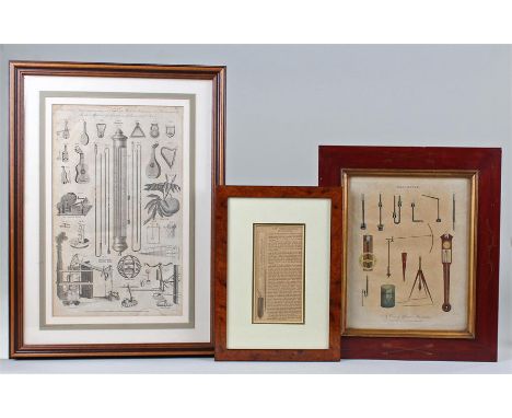 18th Century print of a thermometer, titled Miscellaneous subjects representing the origin of musical instruments the thermom