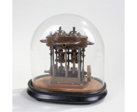 Fine Victorian miniature marine engine, double piston boiler model, housed under a glass dome