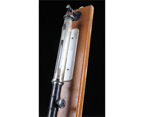 Fortin Barometer, F. Darton & Co Ltd, Watford and London, the black body with a gauge to the top, mounted on the oak board