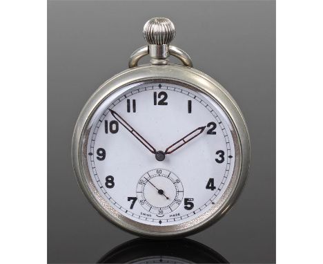 Air Ministry marked pocket watch, white enamel dial with Arabic numerals and subsidiary second dial, Stamped on the back with