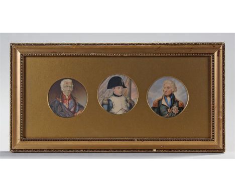 Three portrait miniatures (probably Baxter prints) of The Duke of Wellington, Napoleon, and Admiral Nelson in a gilt frame. 4