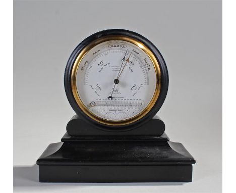 Late 19th century ebonised desk top barometer/thermometer, retailed by M Aronsberg and Co, 39 Castle Street, Liverpool, with 
