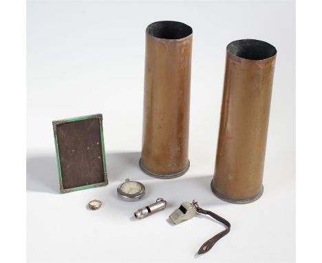 A mixed lot of Military related items to include 2 x 18 pdr shell casings of first world war vintage, Army type 58 whistle wi