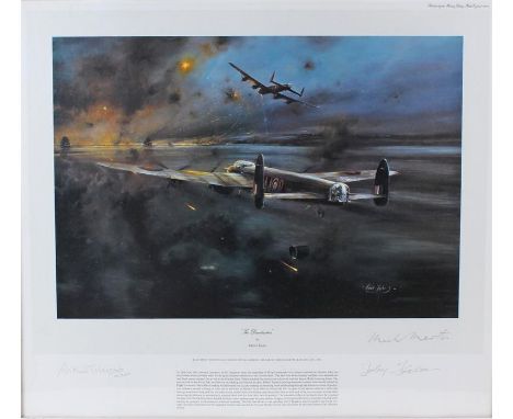 Robert Taylor print entitled Dambusters depicting a bomber dropping a bomb and with fire in the background. Bearing signature