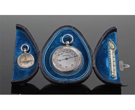 Victorian case silver barometer, compass and thermometer set, London 1899, the central compass with a thermometer to one side