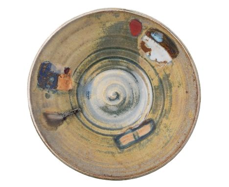 A stoneware bowl attributed to Janice Tchalenko [1942 - 2018] of circular form the interior with polychrome decoration on a g