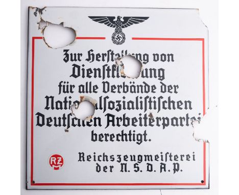 A WWII German NSDAP socialist worker's enamel sign, with RZM mark lower left, 38cm by 38cm 








