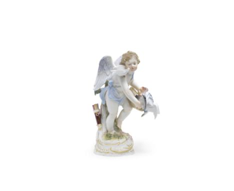 A Meissen figure of a Cupid feeding doves, circa 1900Modelled by Paul Helmig in 1898, as a winged putto tilting a shallow bow