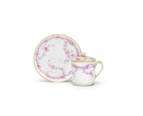 A Sèvres covered cup and saucer (gobelet 'couvert' et soucoupe), dated 1759Of the first size, painted in pink camaieu with tr