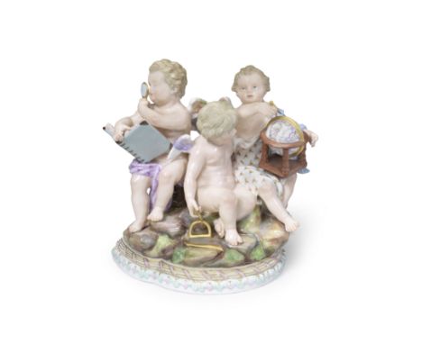 A Meissen group allegorical of Geometry, late 19th centuryAfter the model by M.V. Acier of 1774-1775, depicting three winged 