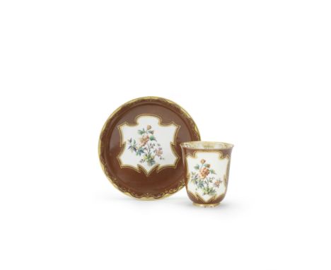 An extremely rare Capodimonte chestnut-brown-ground cup and saucer, circa 1750The chestnut-coloured ground ('a fondo marrone'