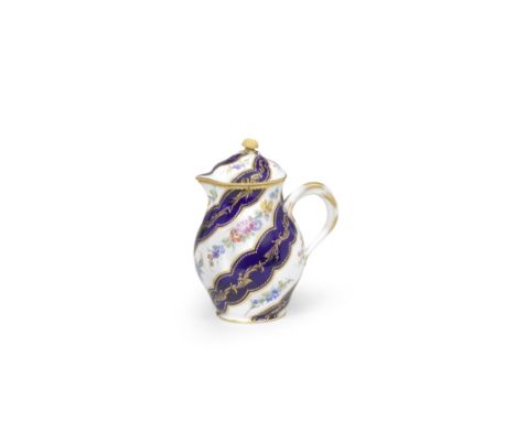 A Sèvres bleu-lapis ground milk jug and cover (Pot à lait Hébert), circa 1758Painted by Vincent Taillandier with thick spiral