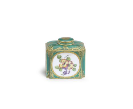 A Sèvres green-ground tea canister and cover (bôite à thé), circa 1758Each side reserved with a panel enclosing a loose flowe