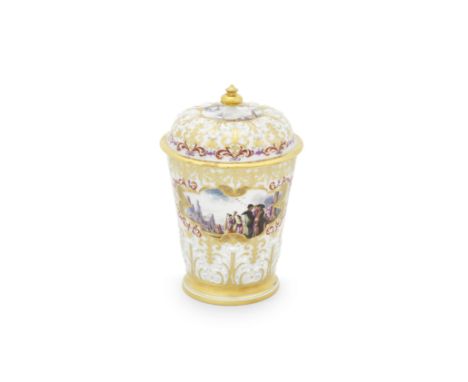 A large Meissen beaker and cover, circa 1726-30Each side finely painted with a harbour scene, one with Chinoiserie figures by