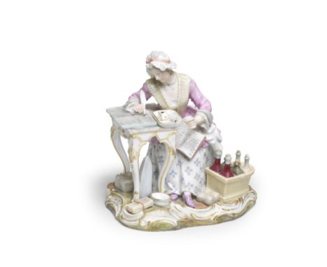 A Meissen figure of the Merchant's Wife, late 19th centuryAfter the 18th century model by J.J. Kaendler, wearing a pink bodic