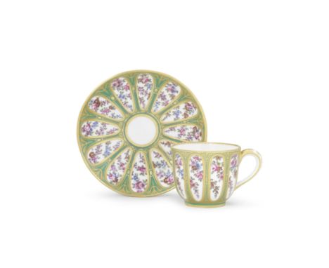 A Sèvres cup and saucer (gobelet 'bouillard' et soucoupe), dated 1767Of the first size, decorated by Guillaume Noël, with a g