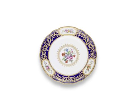 A Sèvres plate from the 'Comte d'Aranda' service, dated 1787Painted by Denis Levé with a bouquet of flowers and fruit in the 