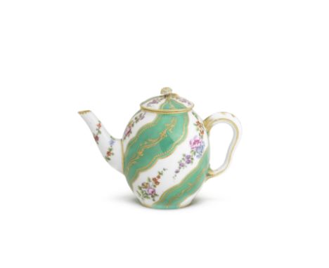 A Sèvres small green-ground teapot and cover (théière 'calabre'), circa 1760Decorated by Jean-Baptiste Tandart l'aîné with di