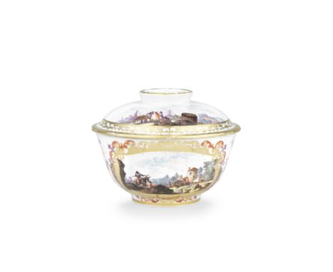 A Meissen sugar bowl and cover, circa 1735-40Each side painted with a European landscape scene depicting a Kauffahrtei scene 