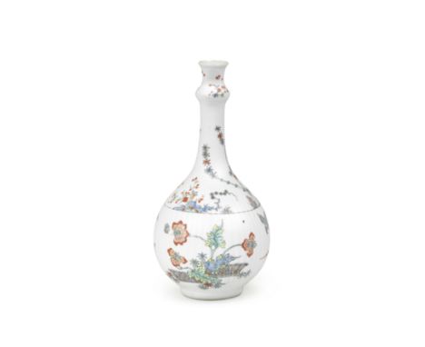 A Dutch-decorated Chinese porcelain bottle, Kangxi, the decoration early 18th centuryThe bulbous body moulded with fluting an