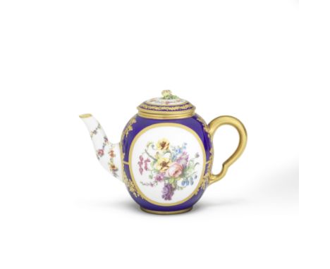 A Sèvres bleu-lapis ground teapot and cover (Théière 'Calabre'), circa 1774Of the first size, decorated by Jean-Jacques Pierr