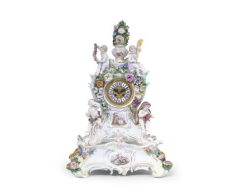 A Meissen mantel clock and base, late 19th centuryModelled by Ernst August Leuteritz, moulded with gilt-edged scrollwork and 