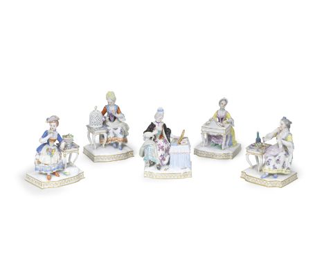 A set of five Meissen figures allegorical of The Senses, 1973-83After the models by J.C. Schönheit from 1772, each depicting 