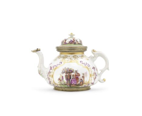 A Meissen silver-gilt-mounted teapot and cover, circa 1725Each side finely painted in enamels, gilding and lustre with a chin