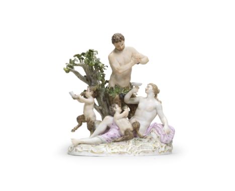 A Meissen Bacchanalian group, late 19th centuryAfter the model by M.V. Acier of 1770-72, a satyr squeezing grapes into a gobl