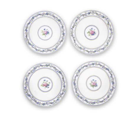 Four Sèvres plates, circa 1794-95Each painted by Mlle Rosalie Chappuis with a rose spay bound together with a spray of convol
