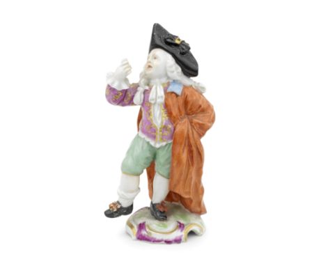 A Höchst figure of a charlatan, circa 1755Modelled by Laurentius Russinger, wearing a black tricorn hat, a red coat, pink dou