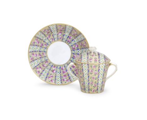 A large Sèvres double-handled covered cup and saucer (gobelet à lait et soucoupe), dated 1767Of the second size, decorated by