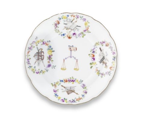 A Meissen plate from the 'Philosophisches Service' for the Marquis D'Argens, circa 1760Painted with four trophies within flor