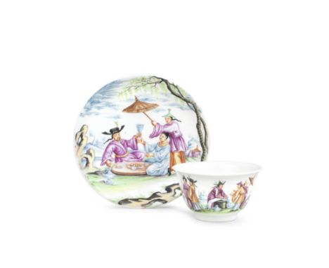 A rare Meissen Hausmaler teabowl and saucer, circa 1720-30Decorated in the workshop of Ignaz Priessler, Kronstadt (Bohemia), 