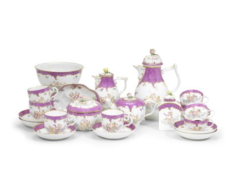 A Meissen coffee and tea service, circa 1755-60Painted with putti within clouds surrounded by scattered flower sprays, under 