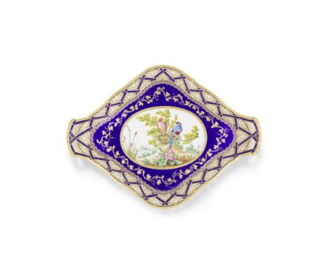 A Sèvres double-handled blue-ground tray (plateau 'losange' à jour à anses), dated 1772Painted by Armand l'ainé with two bird
